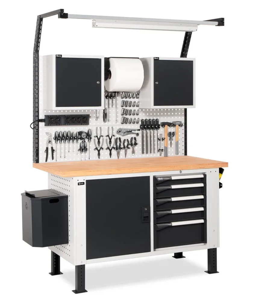 Banco da lavoro con pannelli forati Fami Work Master BR, armadietti a cassetto e con anta - piano di lavoro in multiplex - lampada doppia a LED