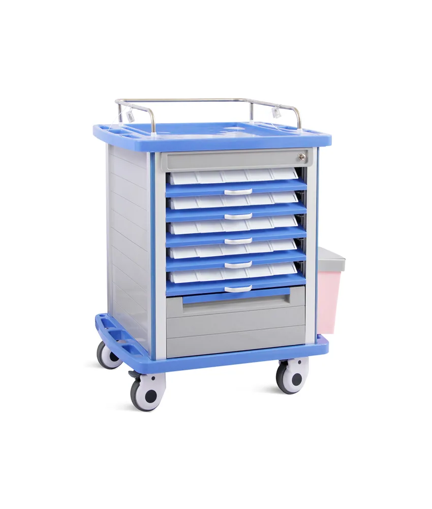 Carrello farmacia NEO, doppio lato - 4 rotelle in nylon Ø 12,5 cm, di cui una con freno