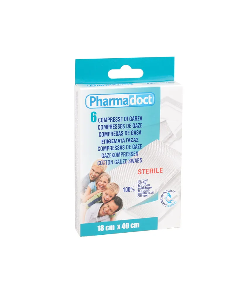 12 confezioni di compresse di garza PHARMADOCT, 6 pezzi per ogni confezione