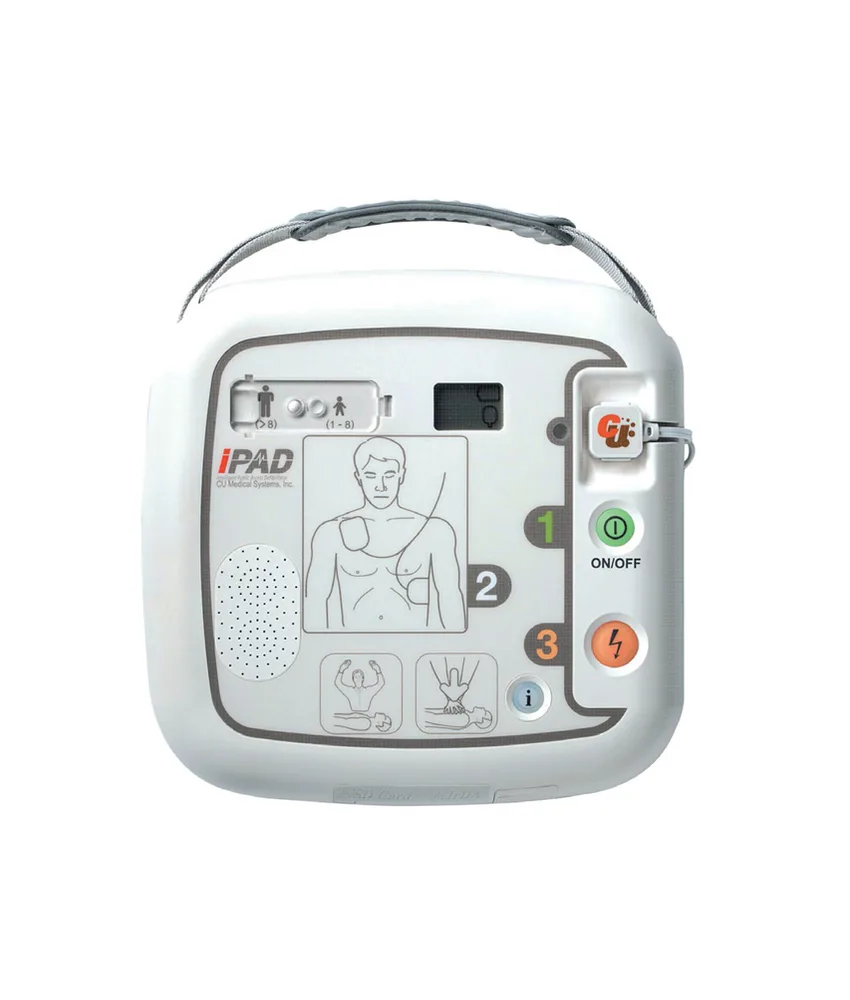 Defibrillatore semi automatico Ipad CU-SP1, dotato di piastre pre-connesse alloggiate in un apposito vano posto sotto il defibrillatore