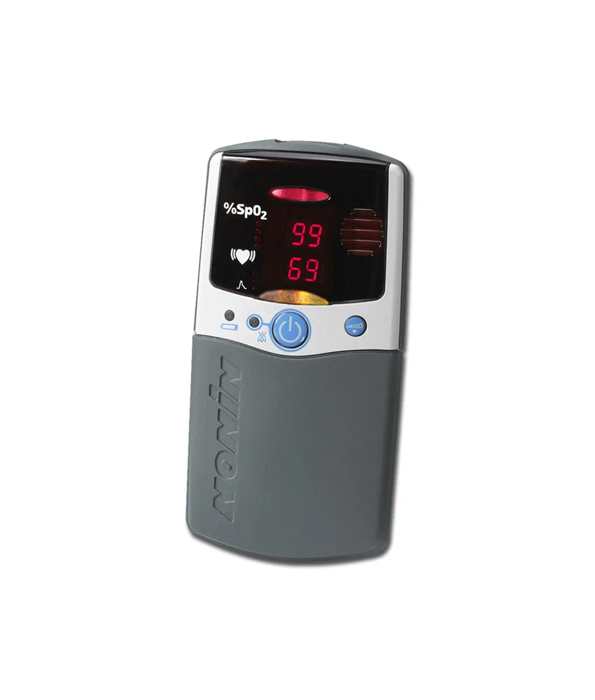 Pulsossimetro Nonim Palm Sat 2500A, con sonda adulti in gomma riutilizzabile e allarme