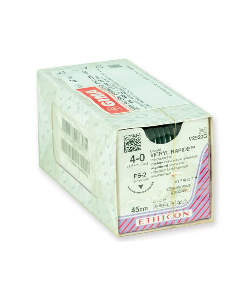 12 pezzi Sutura assorbibile incolore Vicryl Rapid, confezione da 12 pezzi - ago: 19 mm