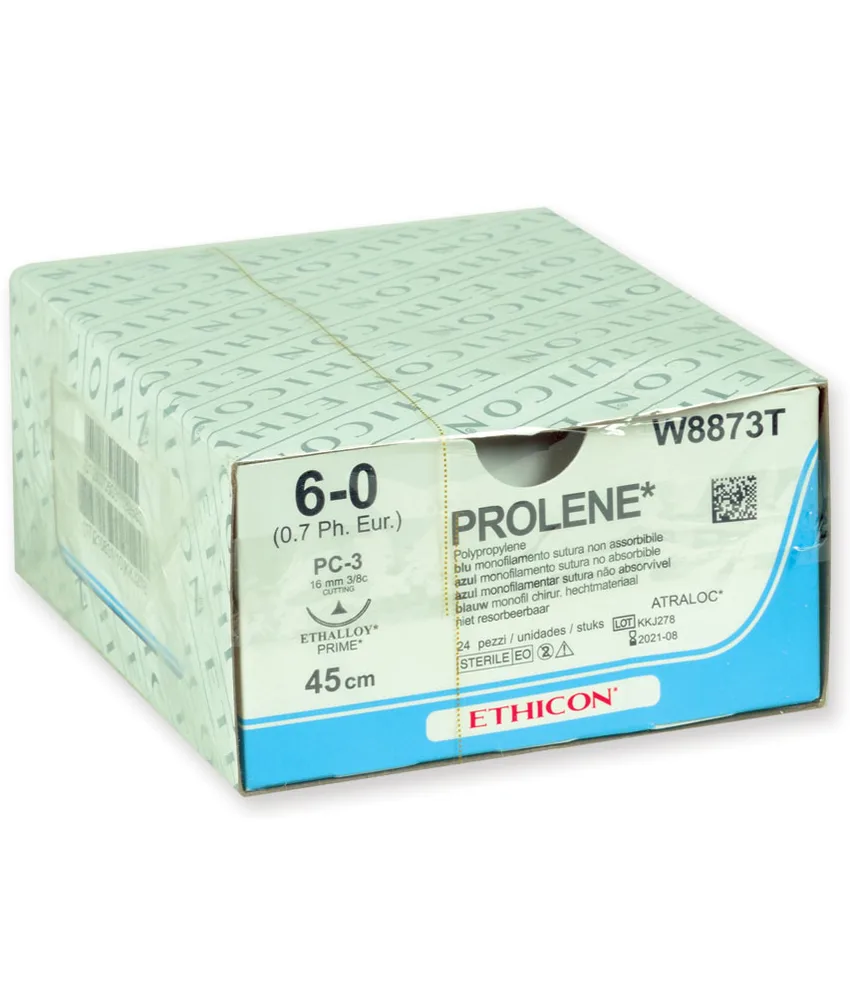 24 pezzi Sutura monofilamento pigmentato blu calibro 6/0 Prolene, confezione da 24 pezzi - ago: 16 mm