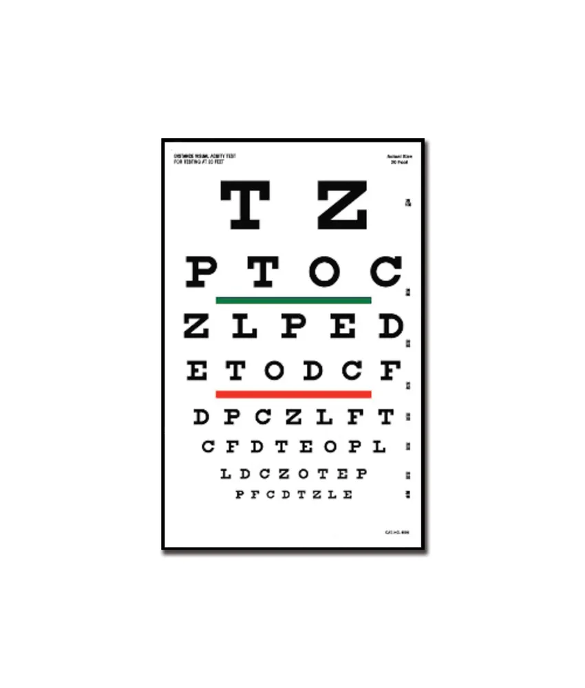 Tavola optometrica Snellen, per acuità visiva con barra rossa/verde - 23 x 35,5 cm