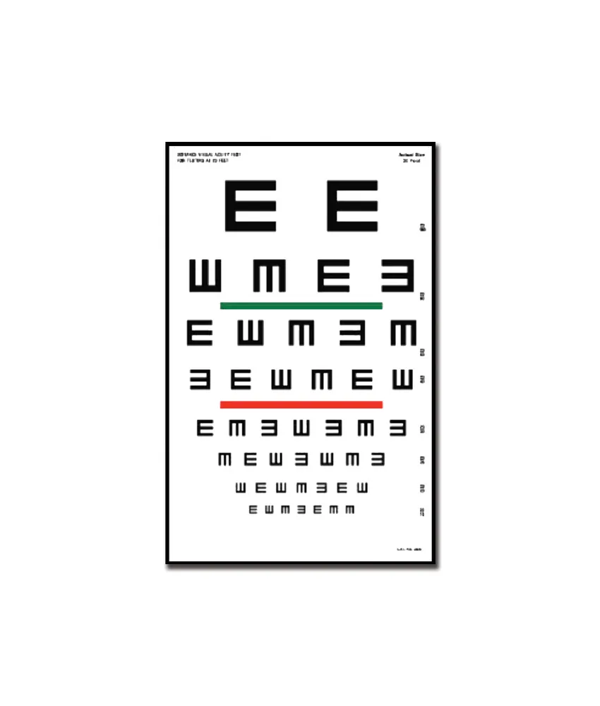Tavola optometrica Tumbling 'E', per acuità visiva con lettera "E" e barra a colori - 23 x 35,5 cm