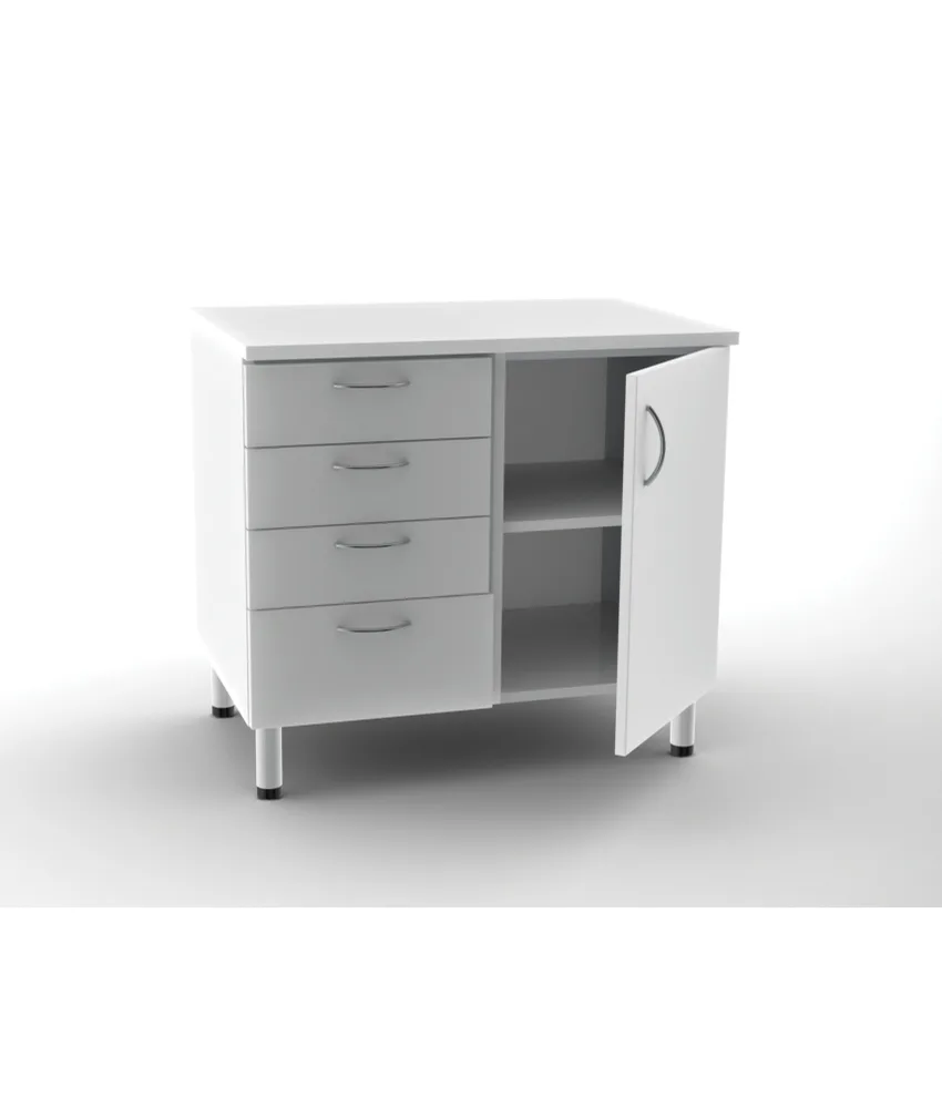 Unità a base doppia, 4 cassetti + porta con 2 scaffali - bianco