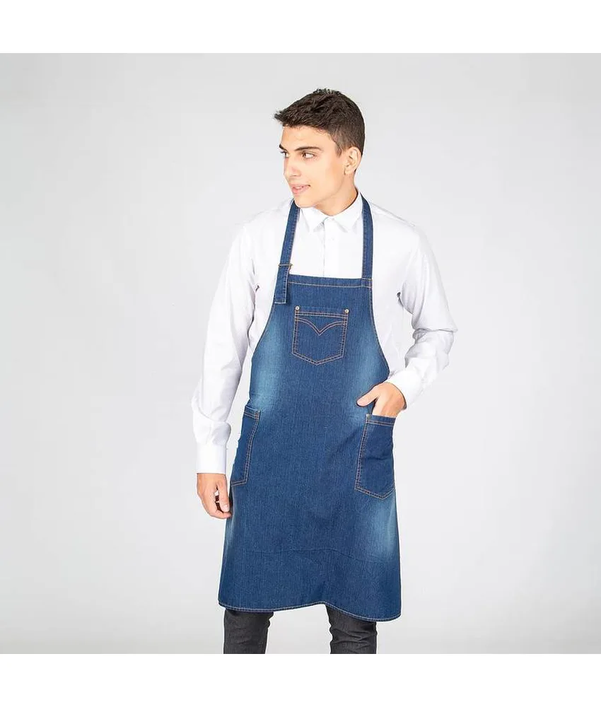 Grembiule pettorina, indossato lavaggio denim indaco con tasca Garys Redline, 80x82 cm