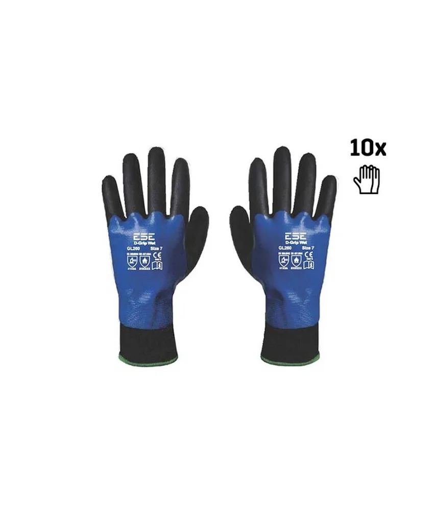 10 paia Guanti antiscivolo palmo gomma per ambienti umidi Safety Jogger Guanti D-GRIP WET, dorso blu a doppio rivestimento