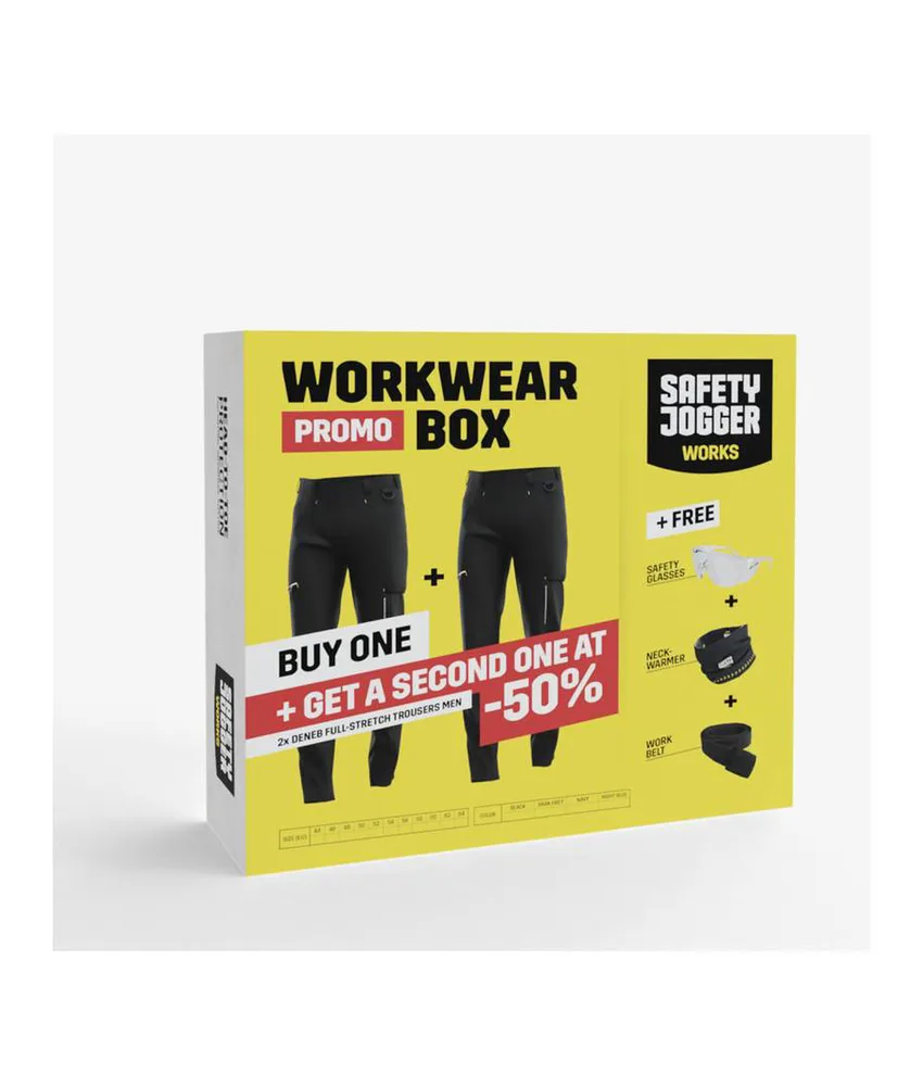 Kit pantaloni da lavoro stretch con accessori Safety Jogger WORKWEAR BOX DENEB FS, Kit abbigliamento da lavoro DENEB FULL STRETCH