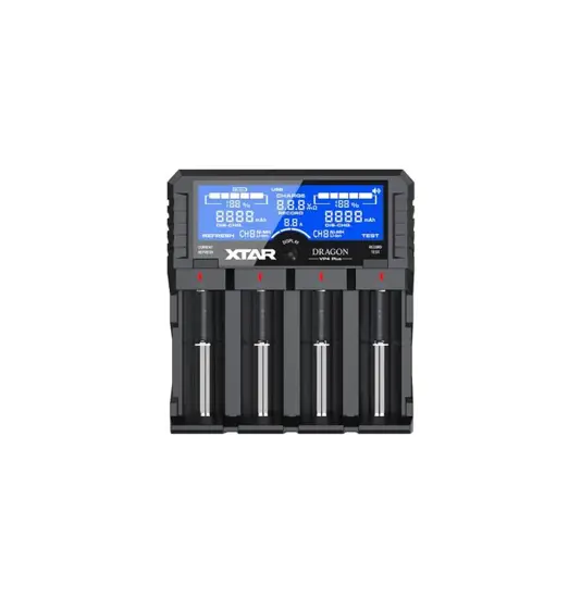 Caricabatterie Xtar DRAGON VP4 Plus con display LCD per batterie al litio (incl. tester e caricabatterie da 12 V)