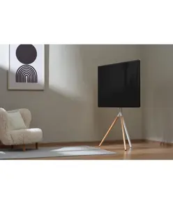 Supporto da pavimento per TV Treppiede, look legno, fissaggio cavi, 40" - 65" - Bianco/Legno