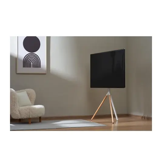 Supporto da pavimento per TV Treppiede, look legno, fissaggio cavi, 40" - 65" - Bianco/Legno