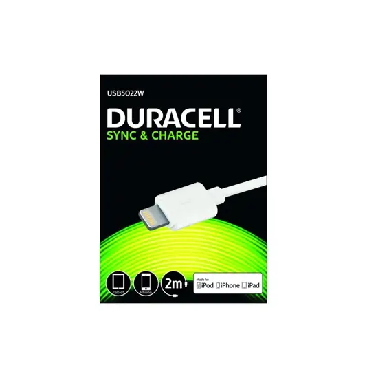 USB Lightning lade- og datakabel, Hvid 2m duracell