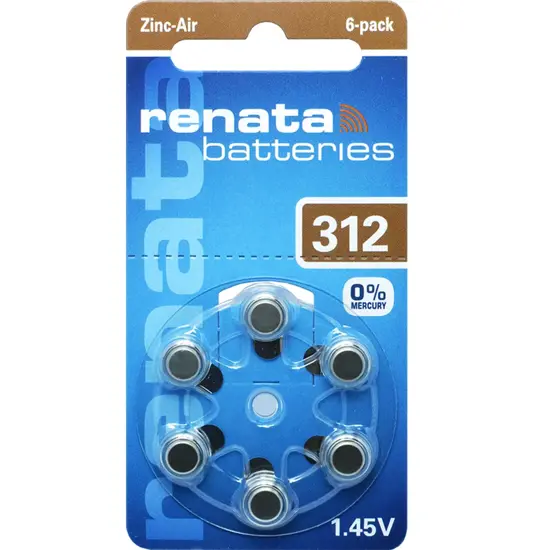 ZA312 (6 Stück) Hörgerätebatterien - 0 % Quecksilber Renata