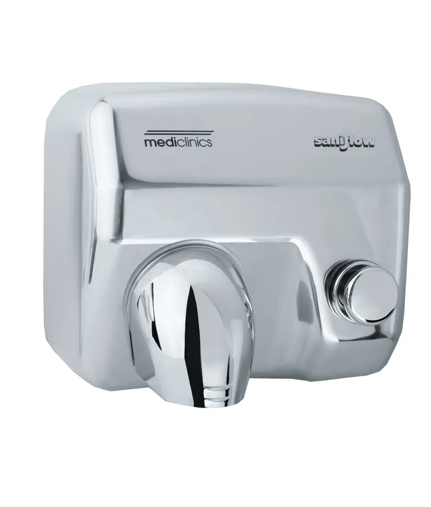 Asciugamani aria calda con pulsante Mediclinics Saniflow, 27,6 × 24,5 × 21,4 cm - antifurto e antivandalo