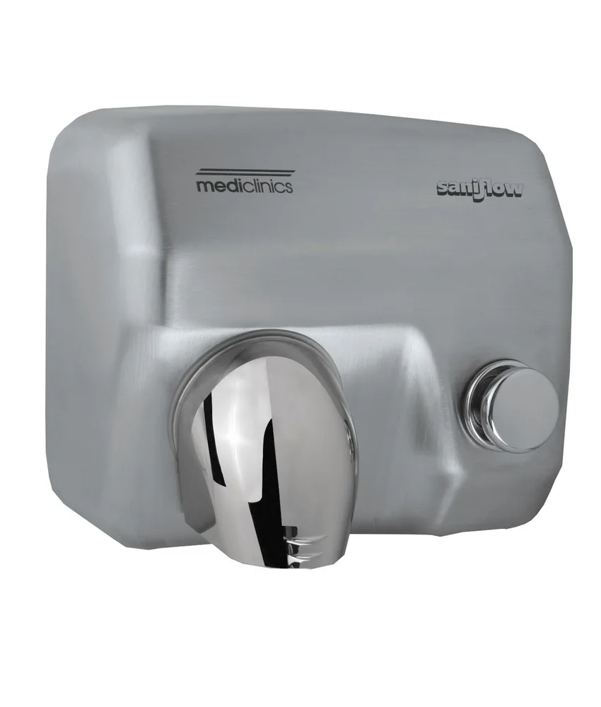Asciugamani aria calda con pulsante Mediclinics Saniflow, 27,6 × 24,5 × 21,4 cm - antifurto e antivandalo
