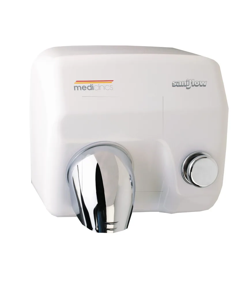Asciugamani aria calda con pulsante Mediclinics Saniflow, 27,6 × 24,5 × 21,4 cm - antifurto e antivandalo