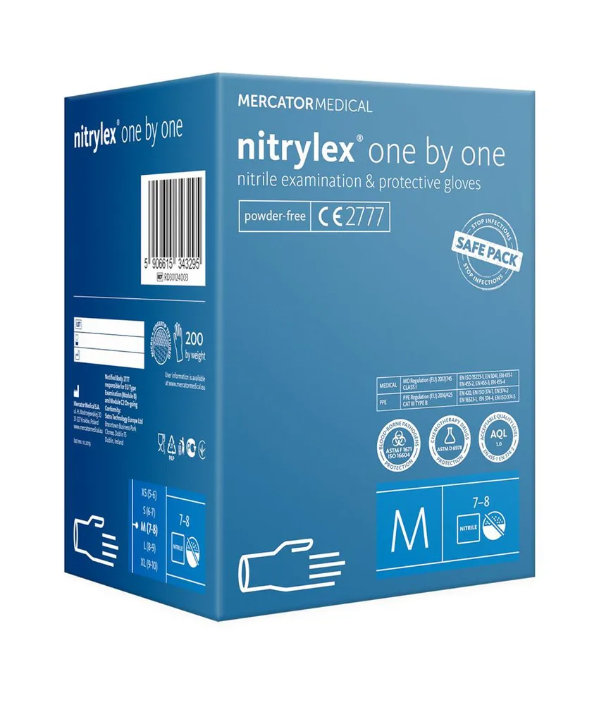 100 guanti monouso in nitrile senza polvere Mercator Nytrilex One by One, Confezione anti-contaminazione - pe procedure mediche e attività special...