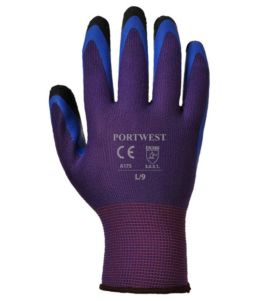 12 paia guanti da lavoro in Poliestere spalmati lattice Portwest A175, palmo e dita con doppia spalmatura in lattice idrorepellente antiscivolo
