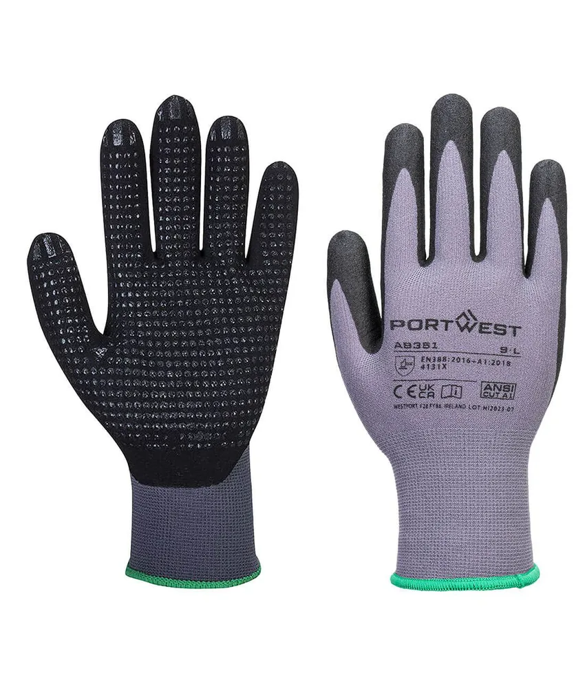 12 guanti in nitirile Portwest DERMIFLEX PLUS, supporto calibro 15 - palmo in nitrile puntinato