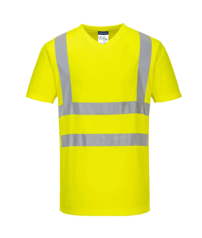 T-Shirt alta visibilità con scollo a V Portwest S179, tessuto Cotton Comfort - banda riflettente - Certificato 20471