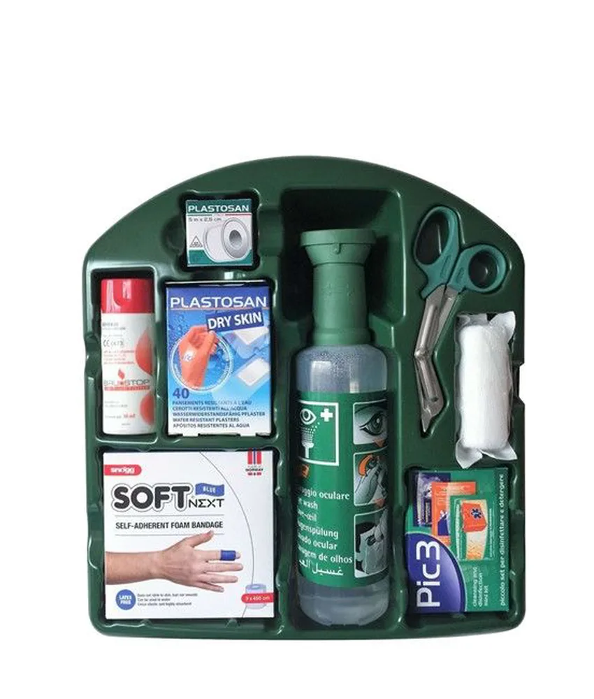 Kit pronto soccorso oculare e ustioni, 9 prodotti - per ustioni, medicazione e lavaggio oculare - conformi alla direttiva CE 93/42