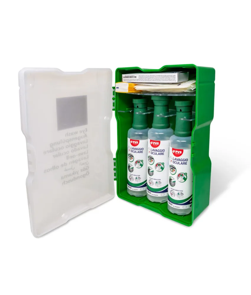 Kit pronto soccorso oculare, flaconi da 500 ml - armadietto con apertura trasparente
