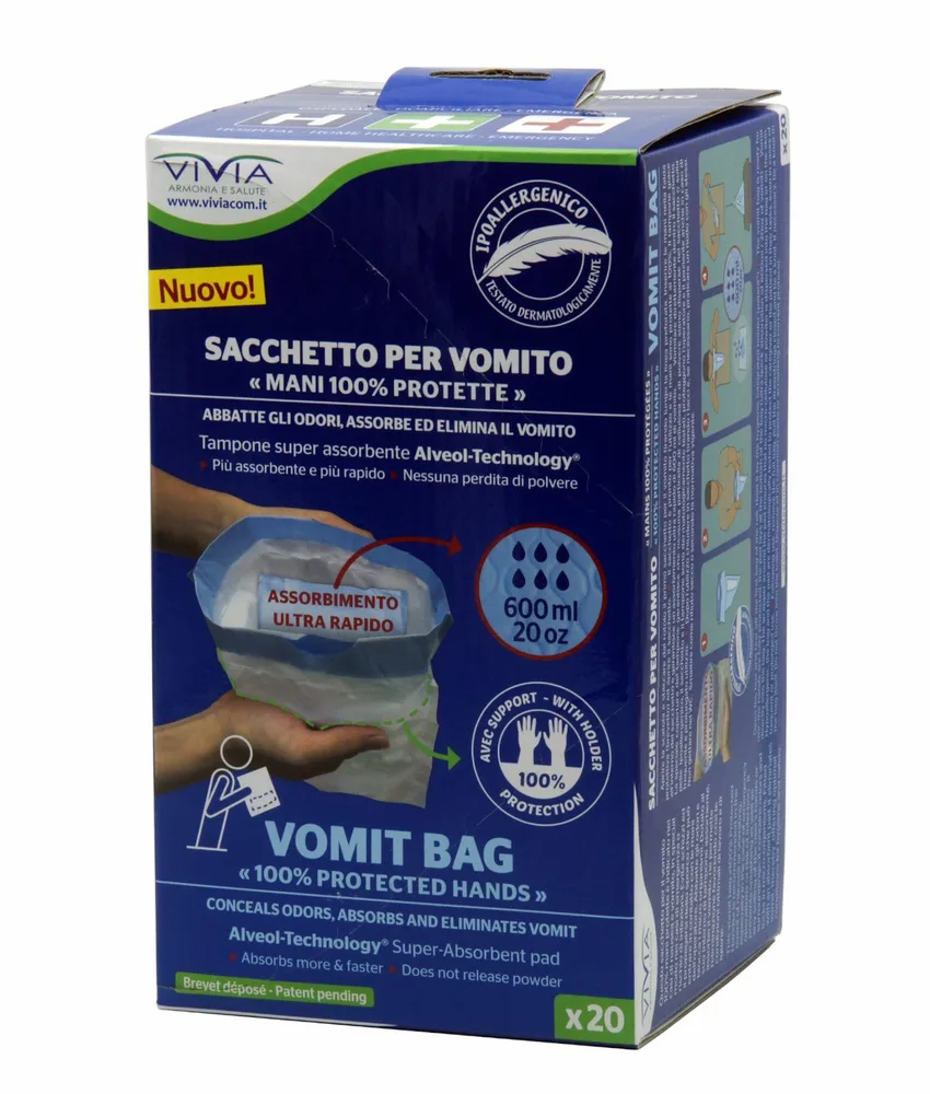 20 Sacchetti assorbenti per vomito, 600 ml - utilizzato da adulti e da bambini