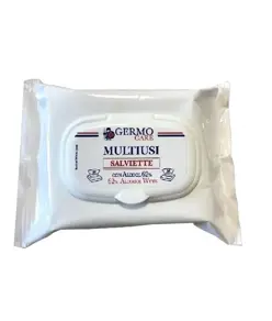 Salviettine disinfettanti con alcool 62%.