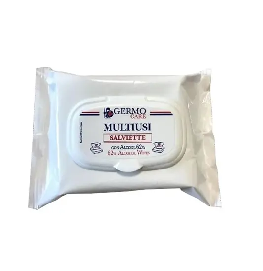 Salviettine disinfettanti con alcool 62%.