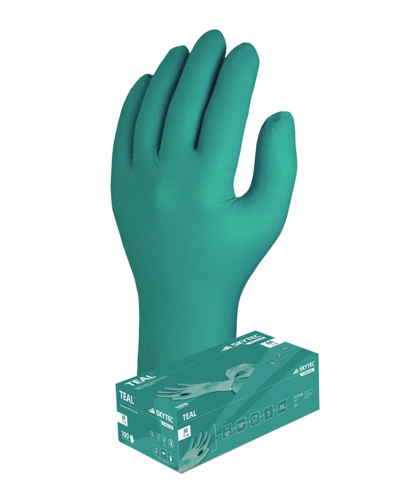 10 box da 100 guanti in nitrile monouso Teal, senza polvere - idonei per alimenti
