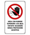Cartelli di divieto  'area con rumore superiore a 85 dB(A) vietato accedere senza protezioni acustiche'