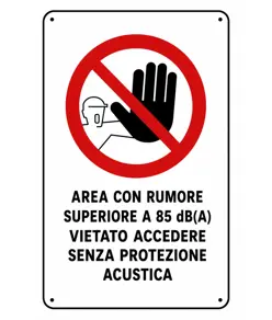 Cartelli di divieto  'area con rumore superiore a 85 dB(A) vietato accedere senza protezioni acustiche'