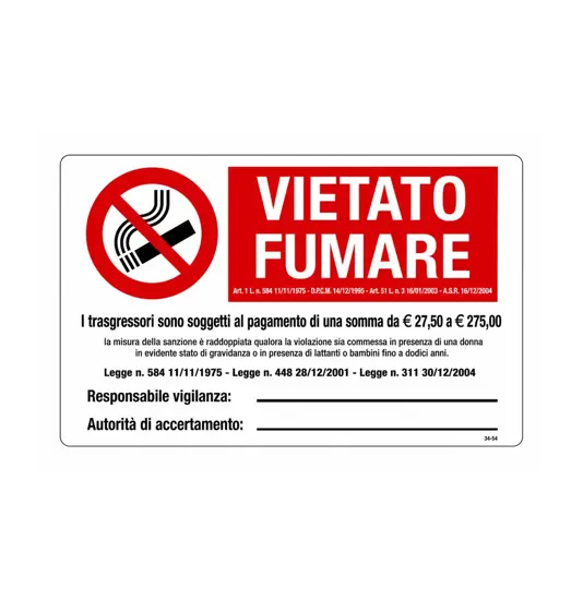 Cartelli di divieto 'vietato fumare i trasgressori sono soggetti al pagamento di una somma...'