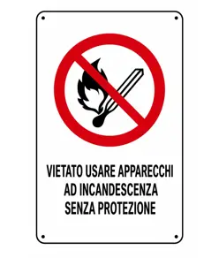 Cartelli di divieto  'vietato usare apparecchi ad incandescenza senza protezione'