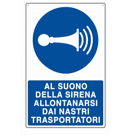 Cartello  al suono della sirena allontanarsi dai nastri trasportatori