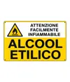 Cartello 'alcool etilico attenzione facilmente infiammabile'