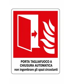 Cartello antincendio con scritta 'porta tagliafuoco a chiusura automatica...'