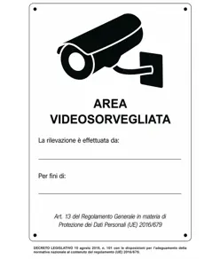 Cartello 'Area videosorvegliata' simbolo telecamera nera