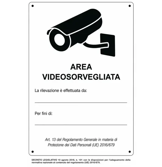 Cartello 'Area videosorvegliata' simbolo telecamera nera
