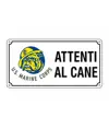 Cartello 'attenti al cane' con simbolo.