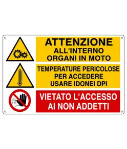 Cartello 'attenzione all'interno organi in moto temperature pericolose...'