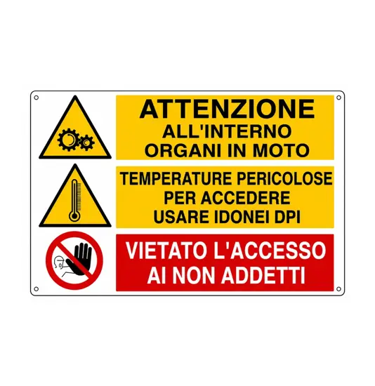 Cartello 'attenzione all'interno organi in moto temperature pericolose...'