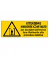 Cartello 'attenzione ambiente confinato per accedere all'interno fare...'