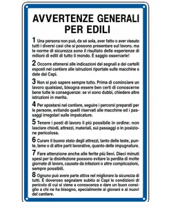 Cartello 'avvertenze generali per edili'