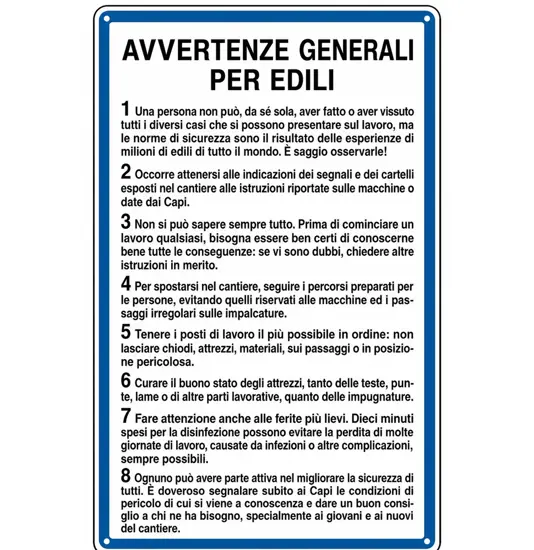 Cartello 'avvertenze generali per edili'