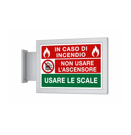 Cartello bifacciale a bandiera 'in caso di incendio non usare l'ascensore usare le scale'
