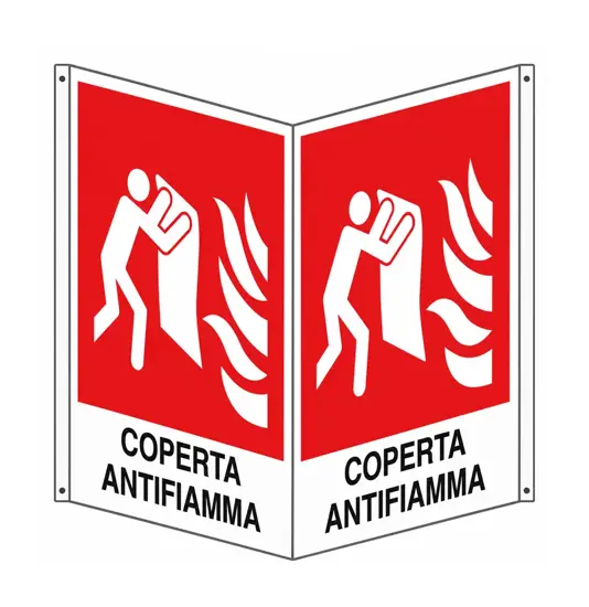 Cartello bifacciale con simbolo 'coperta antifiamma'