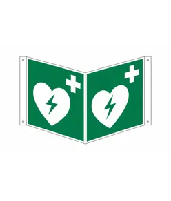 Cartello bifacciale con simbolo 'defibrillatore di emergenza'