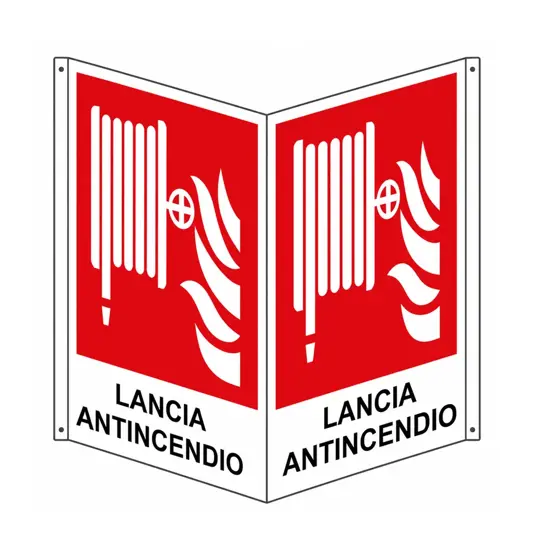 Cartello bifacciale con simbolo 'lancia antincendio'